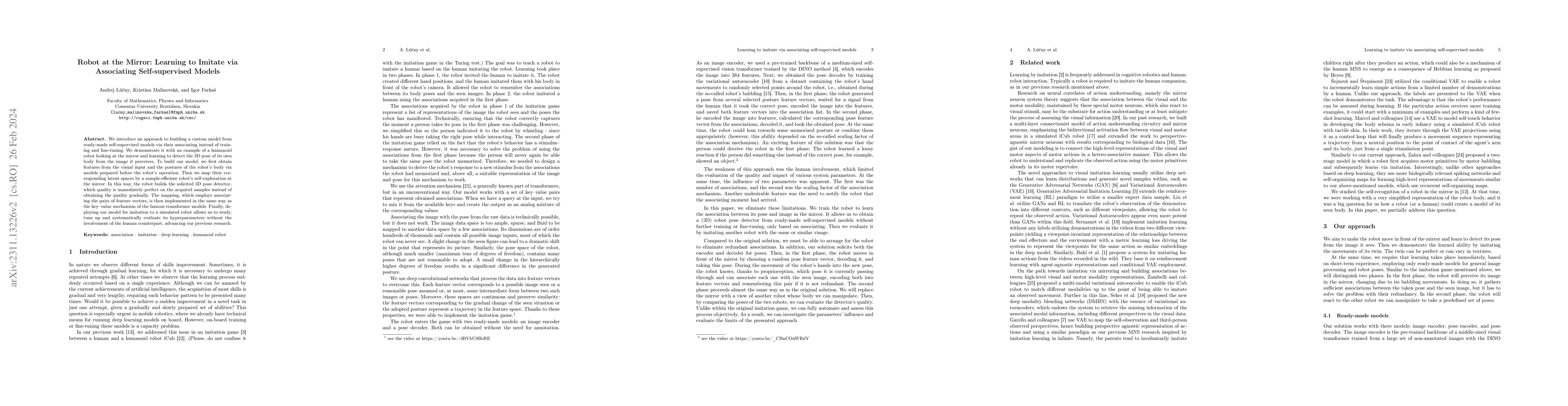 Thumbnail for Robot at the Mirror: Learning to Imitate via Associating Self-supervised
  Models
