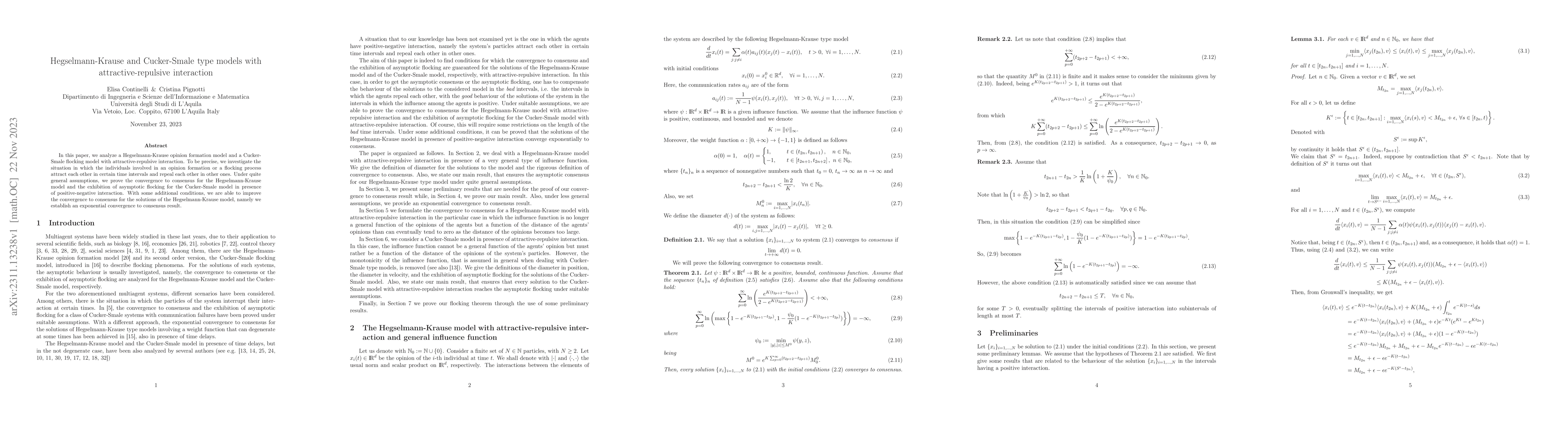 Thumbnail for Hegselmann-Krause and Cucker-Smale type models with attractive-repulsive
  interaction