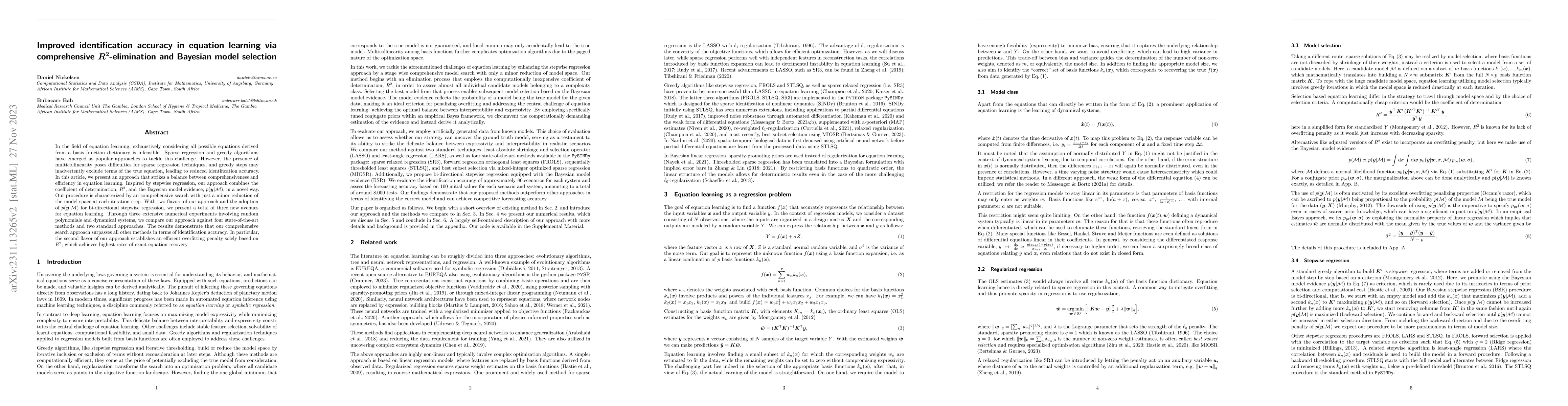 Thumbnail for Improved identification accuracy in equation learning via comprehensive
  $\boldsymbol{R^2}$-elimination and Bayesian model selection