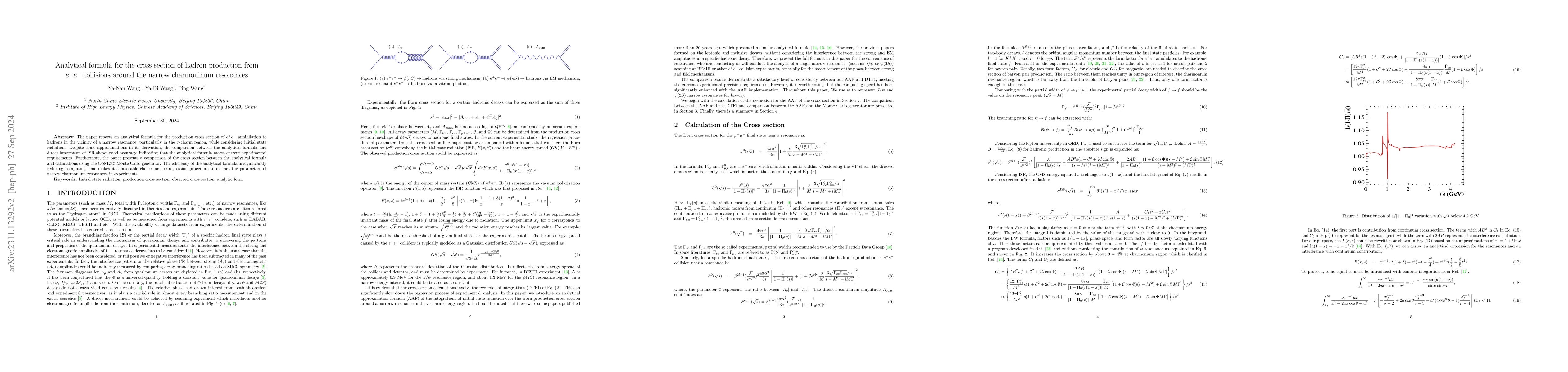 Thumbnail for Analytical formula for the cross section of hadron production from $e^+
  e^-$ collisions around the narrow charmouinum resonances