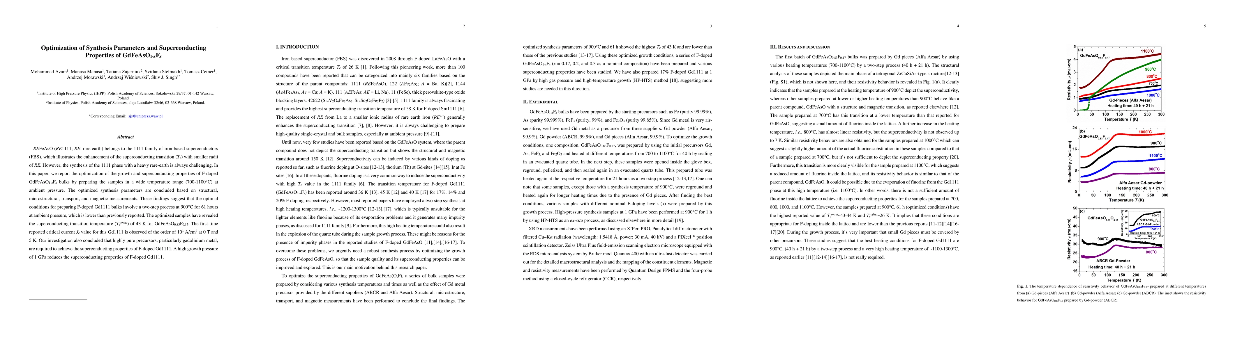 Thumbnail for Optimization of Synthesis Parameters and Superconducting Properties of
  GdFeAsO1-xFx