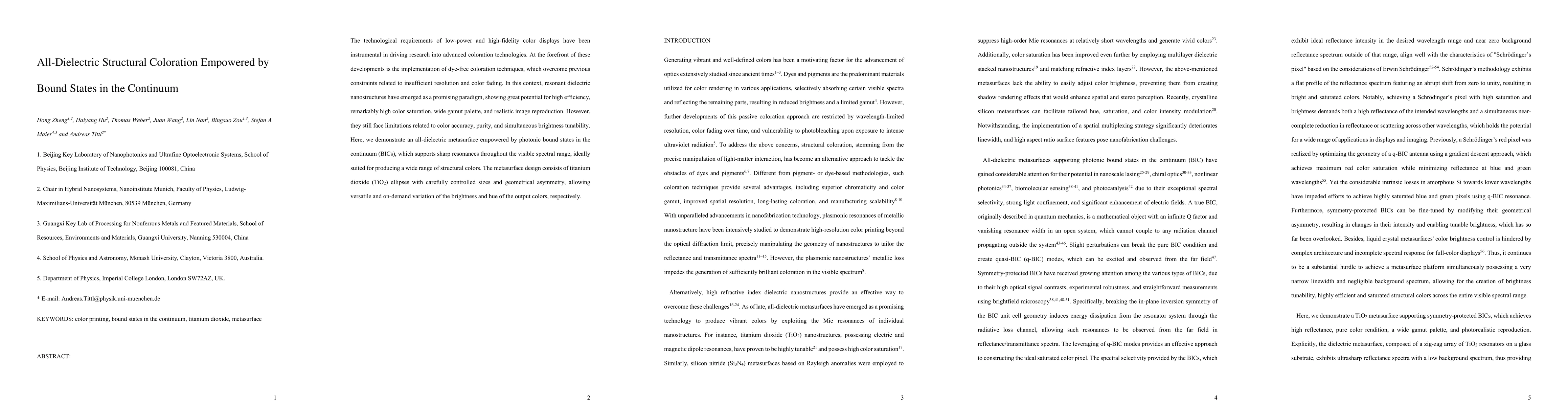 Thumbnail for All-Dielectric Structural Coloration Empowered by Bound States in the
  Continuum