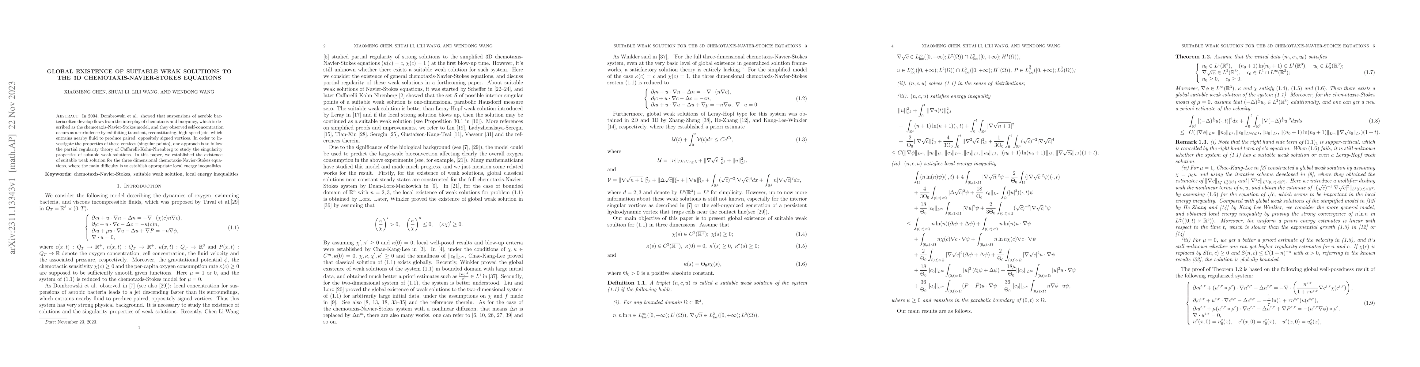Thumbnail for Global existence of suitable weak solutions to the 3D
  chemotaxis-Navier-Stokes equations