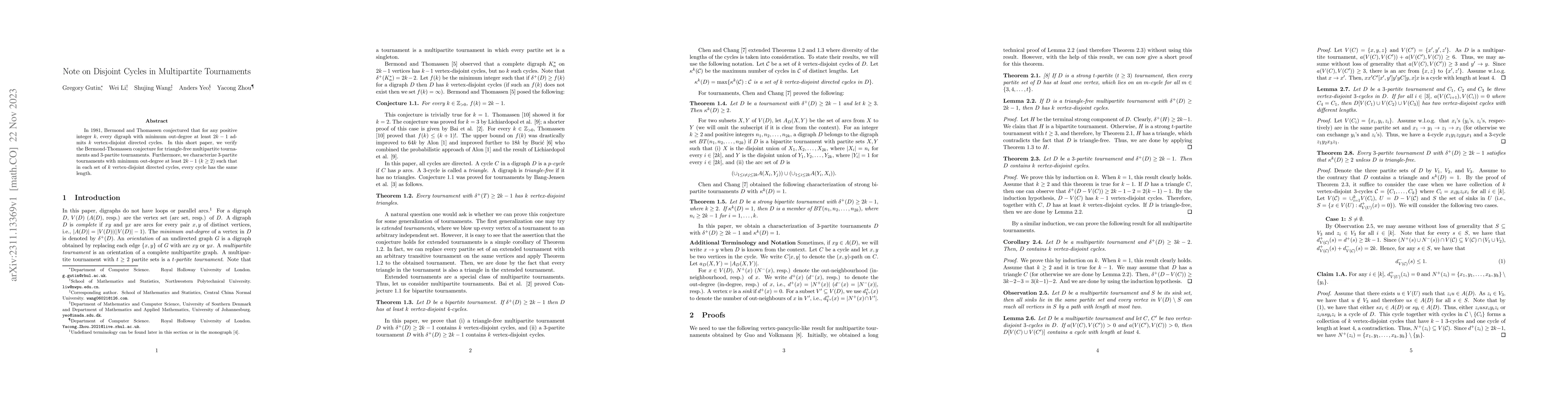 Thumbnail for Note on Disjoint Cycles in Multipartite Tournaments
