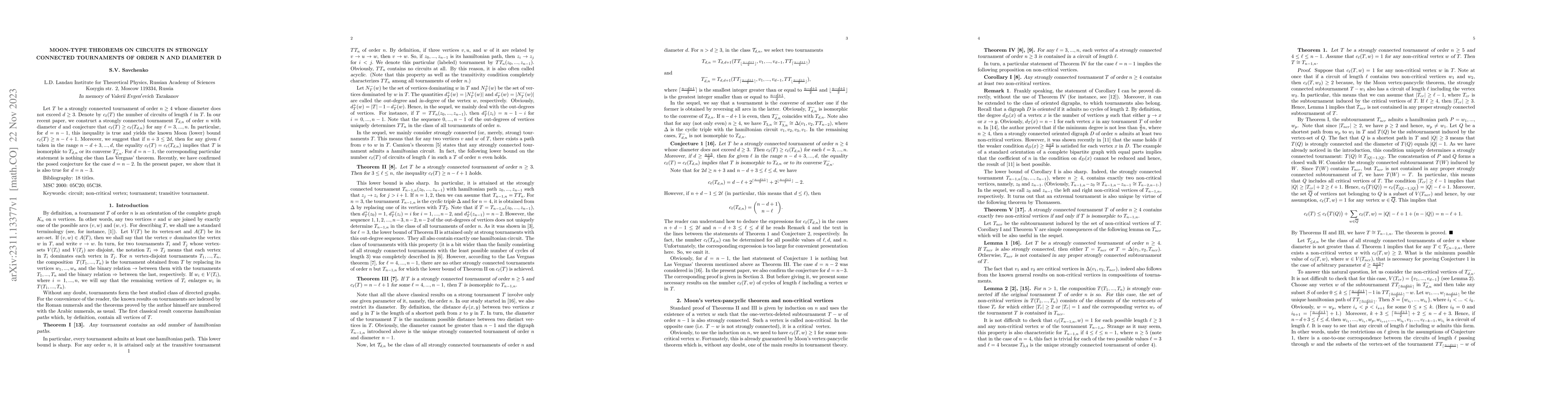 Thumbnail for Moon-type theorems on circuits in strongly connected tournaments of
  order $N$ and diameter $D$