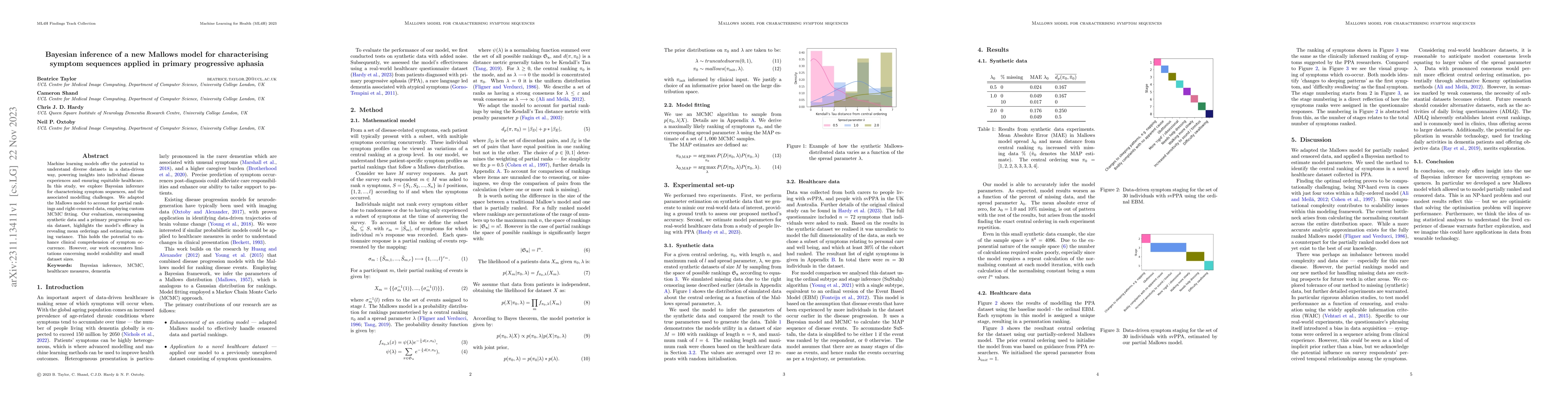 Thumbnail for Bayesian inference of a new Mallows model for characterising symptom
  sequences applied in primary progressive aphasia
