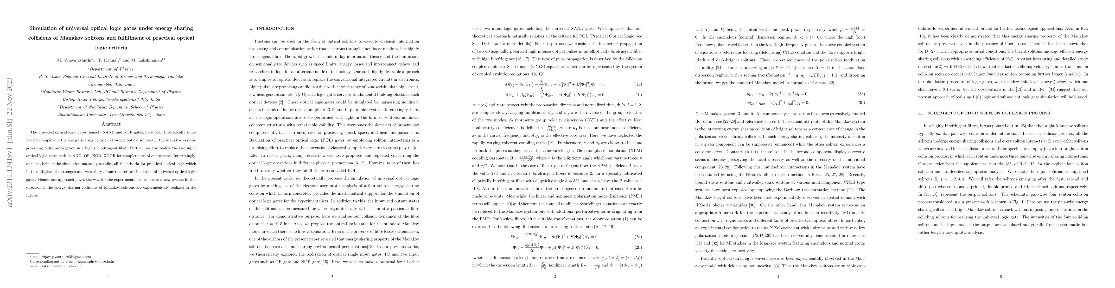 Thumbnail for Simulation of universal optical logic gates under energy sharing
  collisions of Manakov solitons and fulfillment of practical optical logic
  criteria