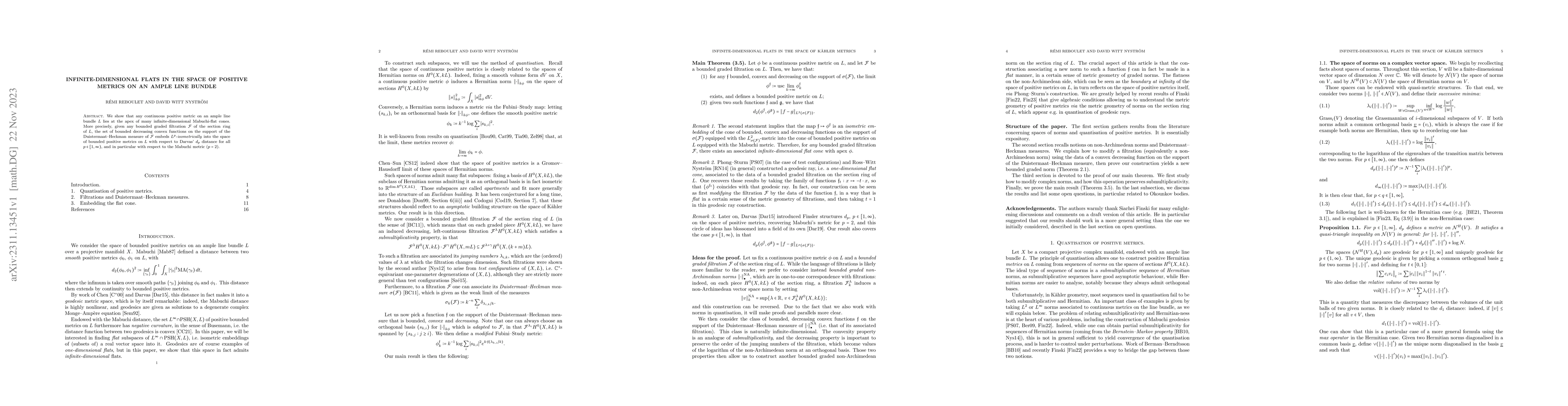 Thumbnail for Infinite-dimensional flats in the space of positive metrics on an ample
  line bundle