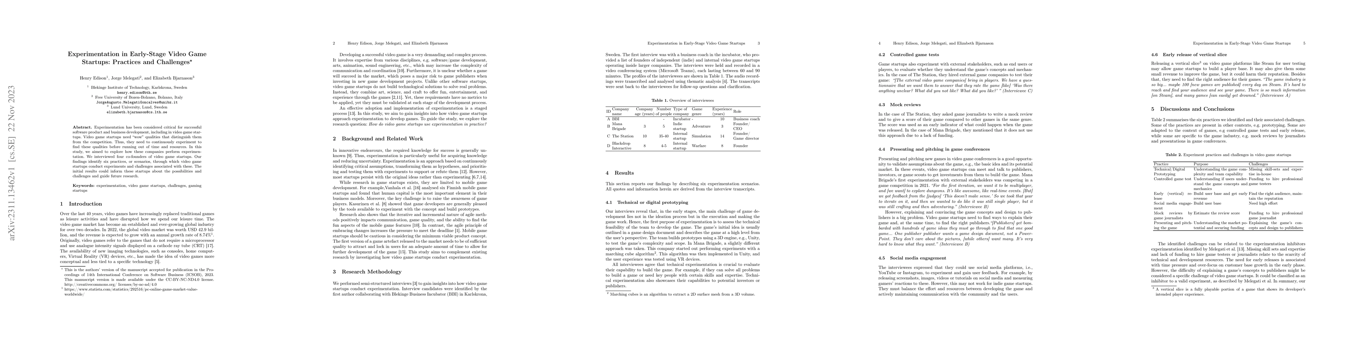 Thumbnail for Experimentation in Early-Stage Video Game Startups: Practices and
  Challenges