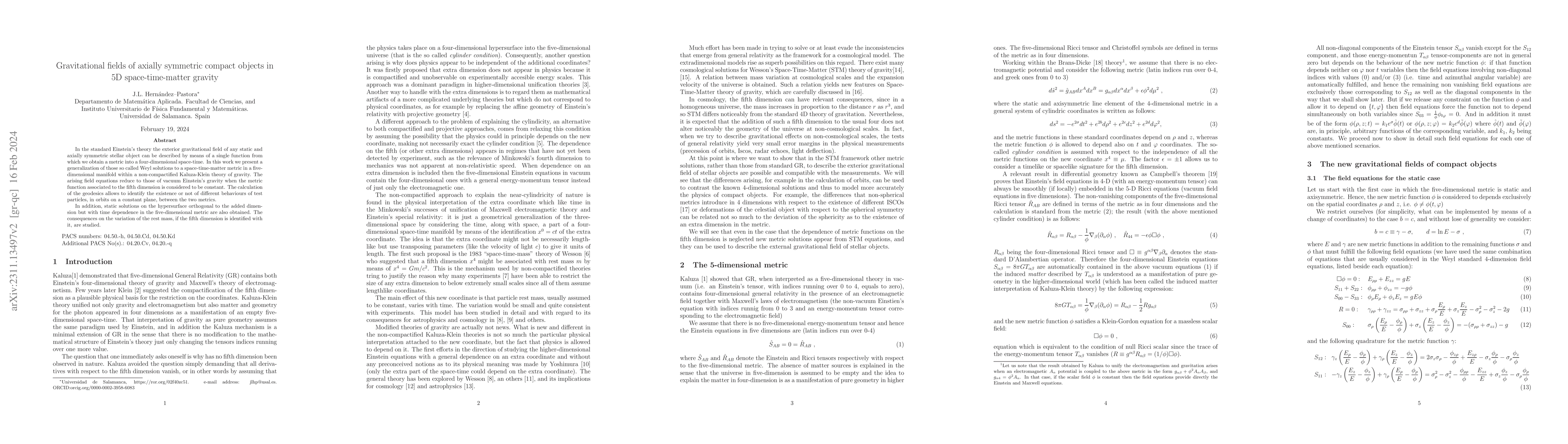 Thumbnail for Gravitational fields of axially symmetric compact objects in 5D
  space-time-matter gravity