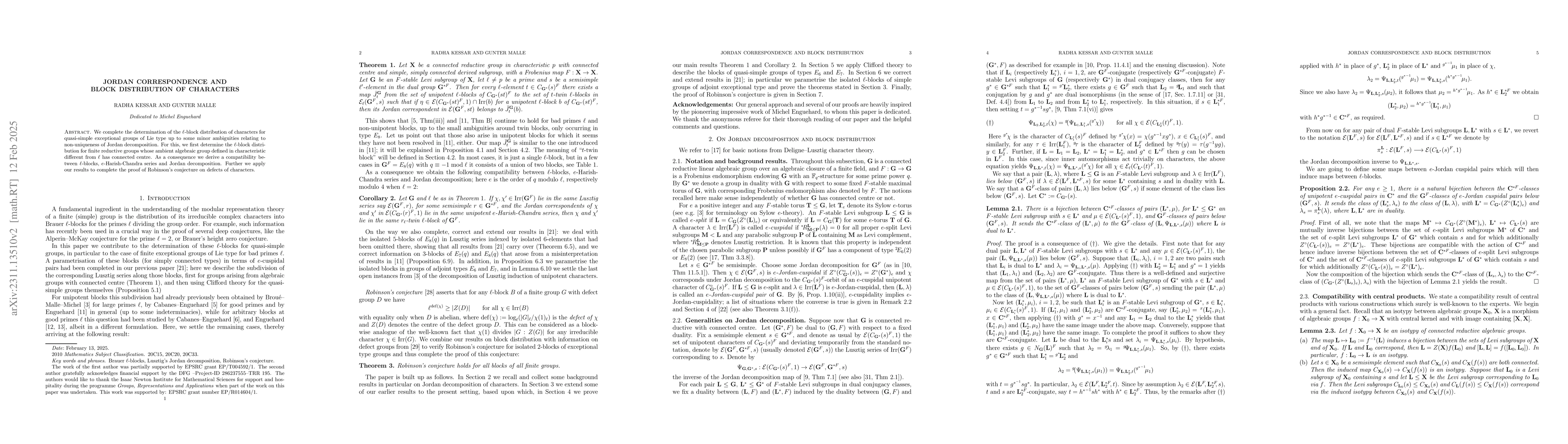 Thumbnail for Jordan correspondence and block distribution of characters