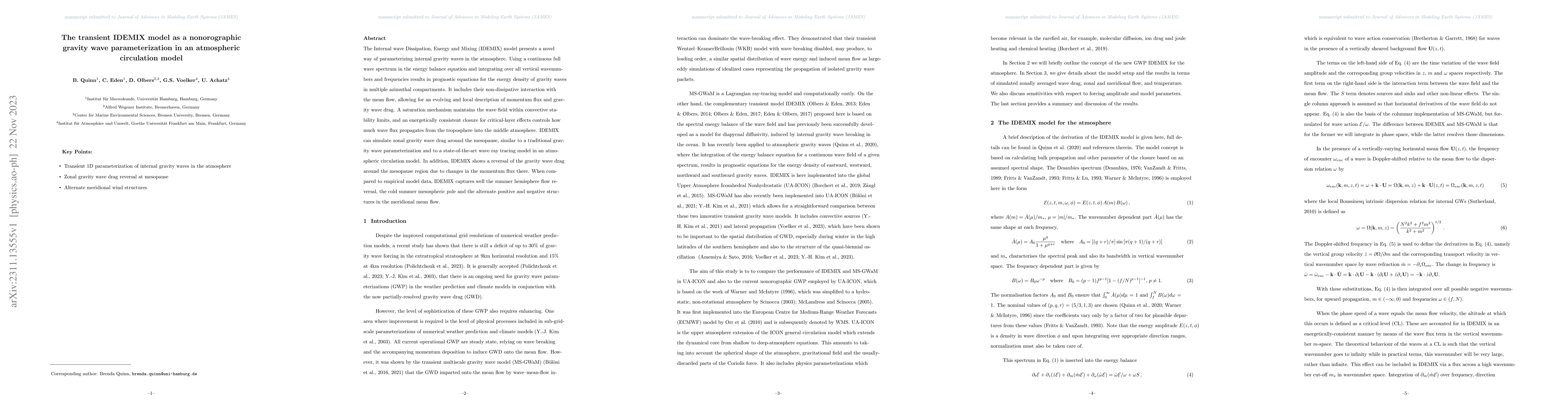 Thumbnail for The transient IDEMIX model as a nonorographic gravity wave
  parameterization in an atmospheric circulation model
