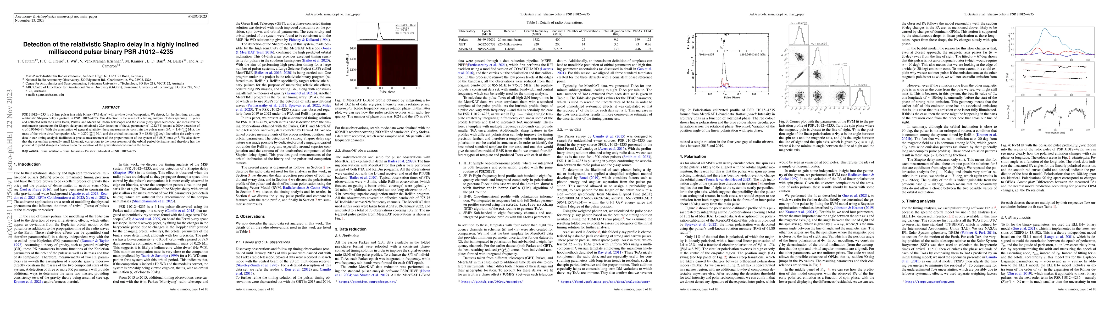 Thumbnail for Detection of the relativistic Shapiro delay in a highly inclined
  millisecond pulsar binary PSR J1012$-$4235