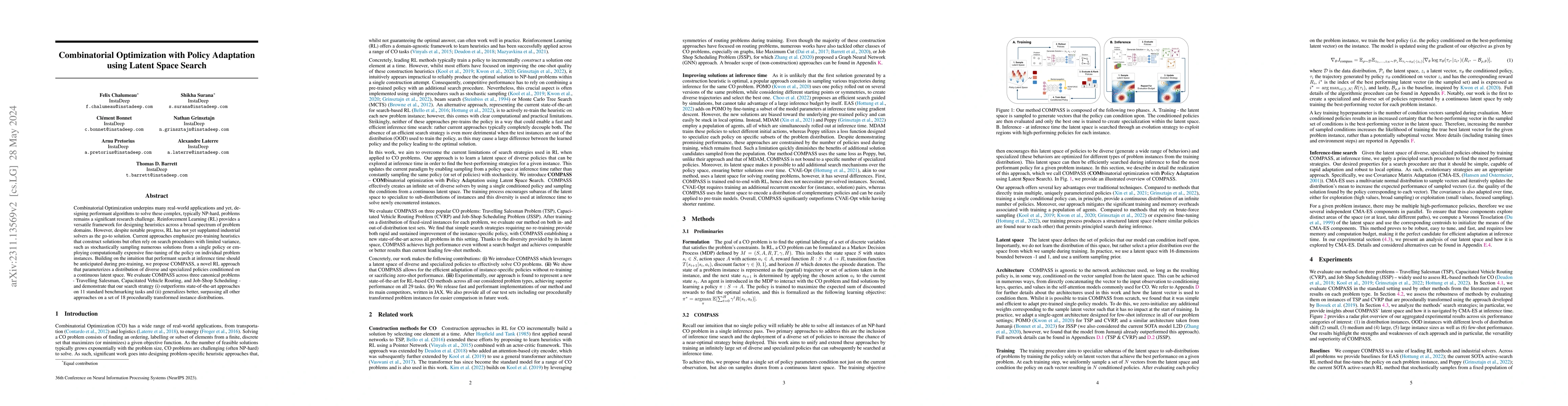 Thumbnail for Combinatorial Optimization with Policy Adaptation using Latent Space
  Search