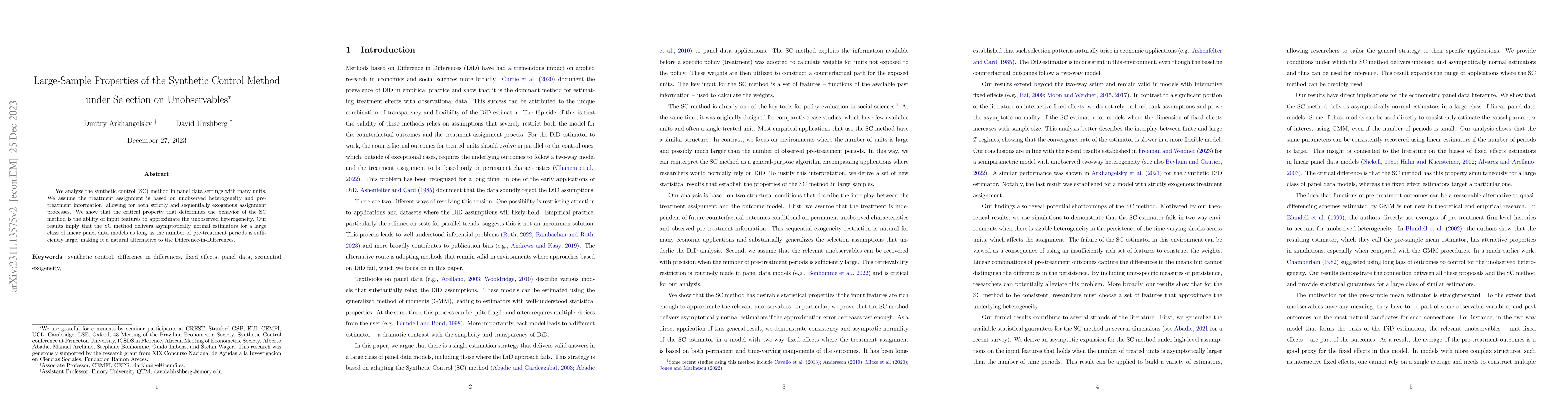 Thumbnail for Large-Sample Properties of the Synthetic Control Method under Selection
  on Unobservables