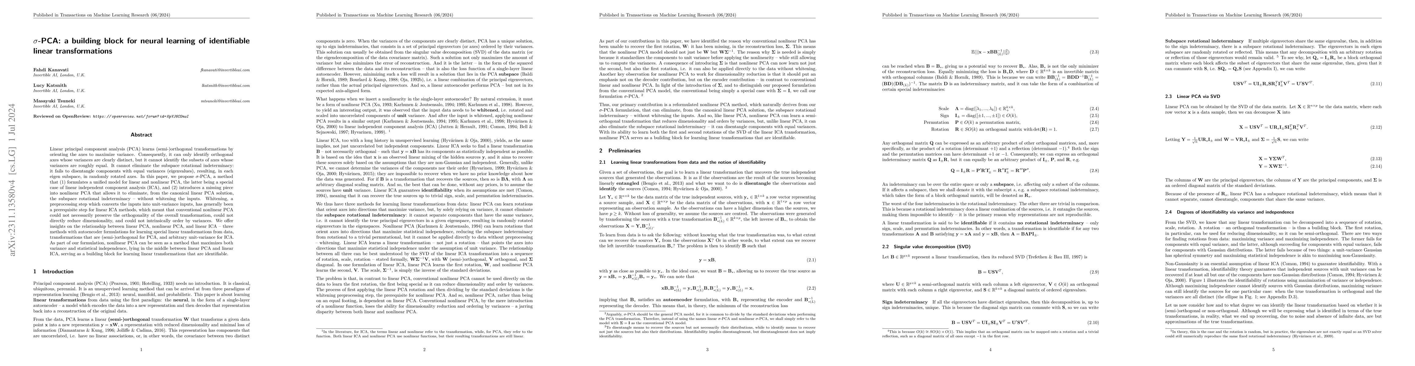 Thumbnail for $σ$-PCA: a building block for neural learning of identifiable
  linear transformations