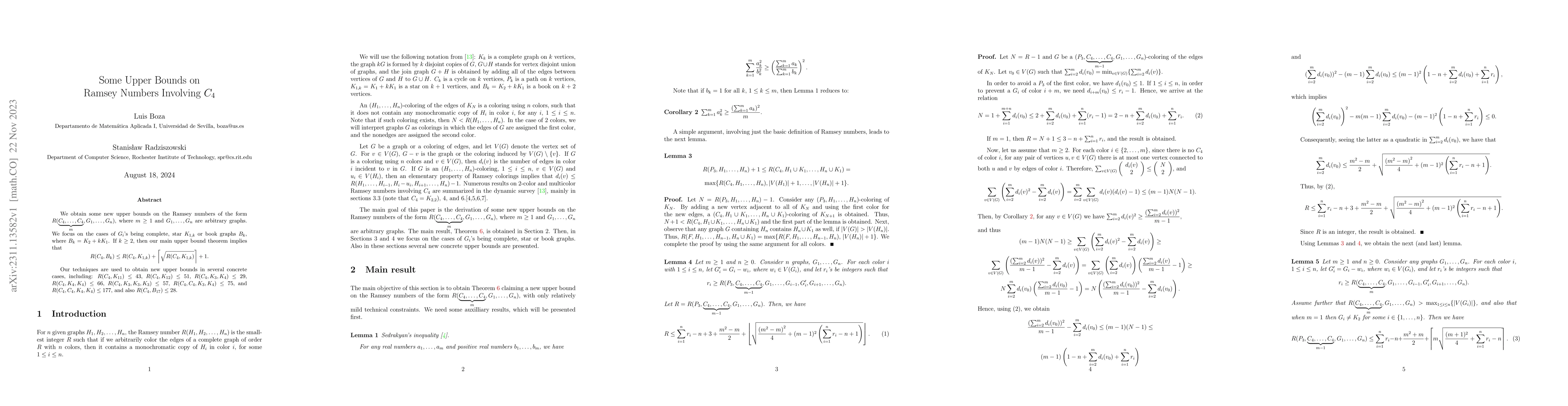 Thumbnail for Some Upper Bounds on Ramsey Numbers Involving $C_4$