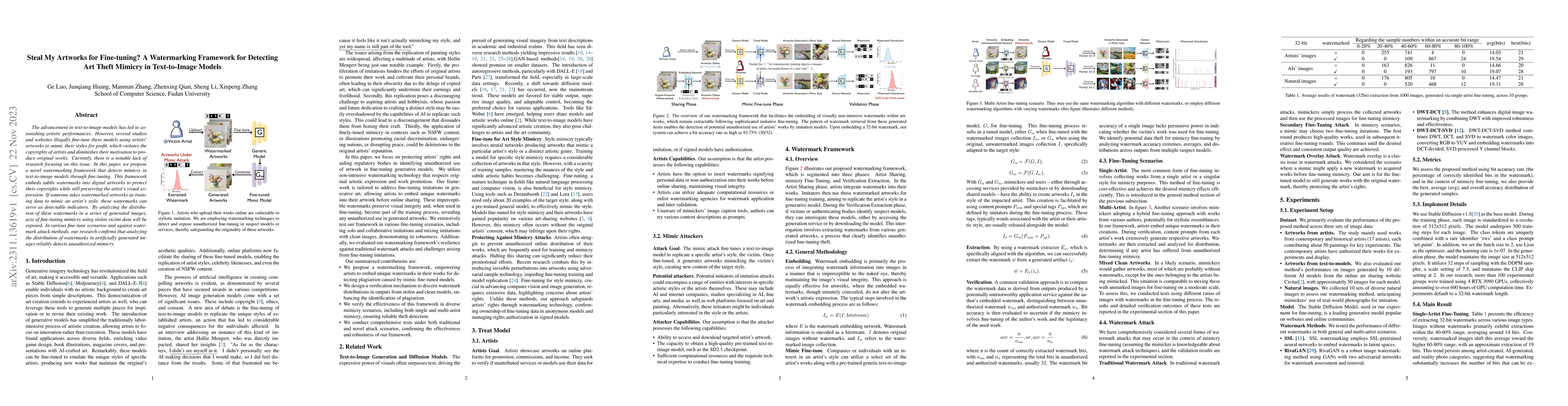 Thumbnail for Steal My Artworks for Fine-tuning? A Watermarking Framework for
  Detecting Art Theft Mimicry in Text-to-Image Models