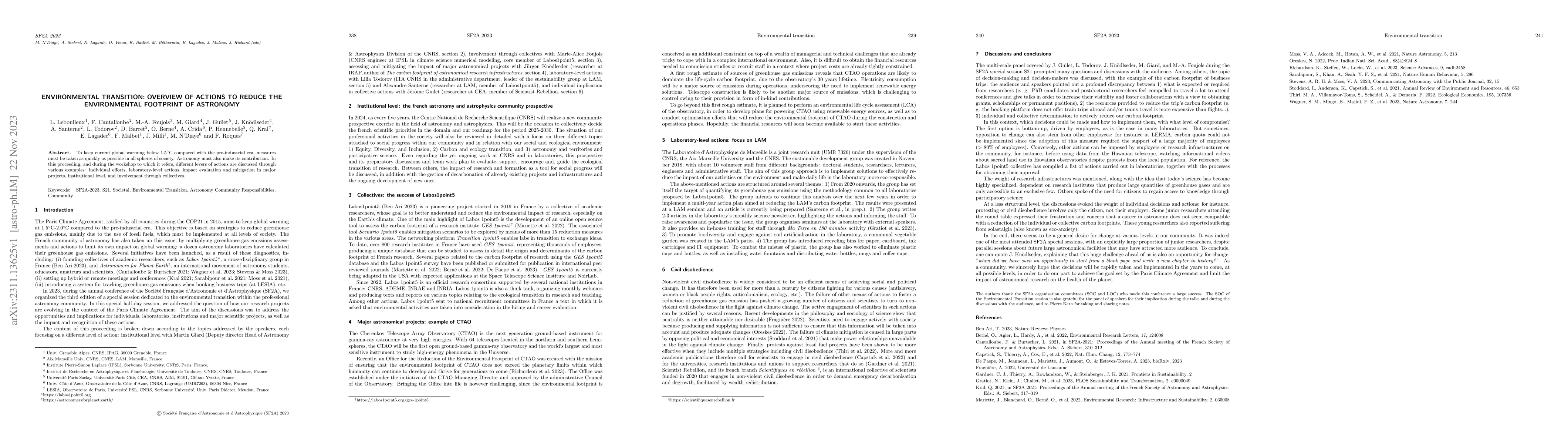 Thumbnail for Environmental transition: overview of actions to reduce the
  environmental footprint of astronomy