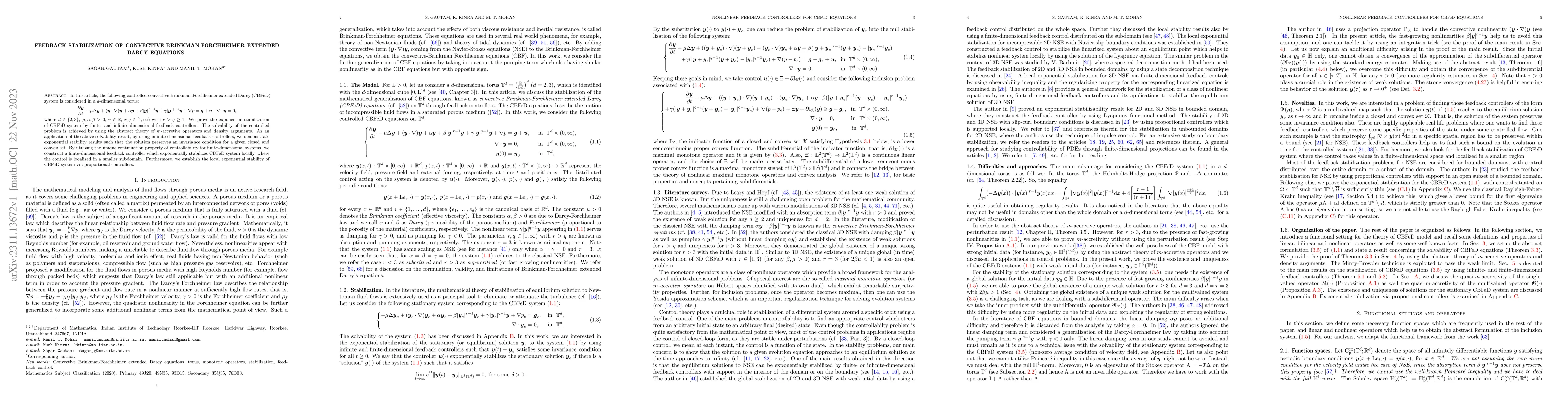 Thumbnail for Feedback stabilization of Convective Brinkman-Forchheimer Extended Darcy
  equations