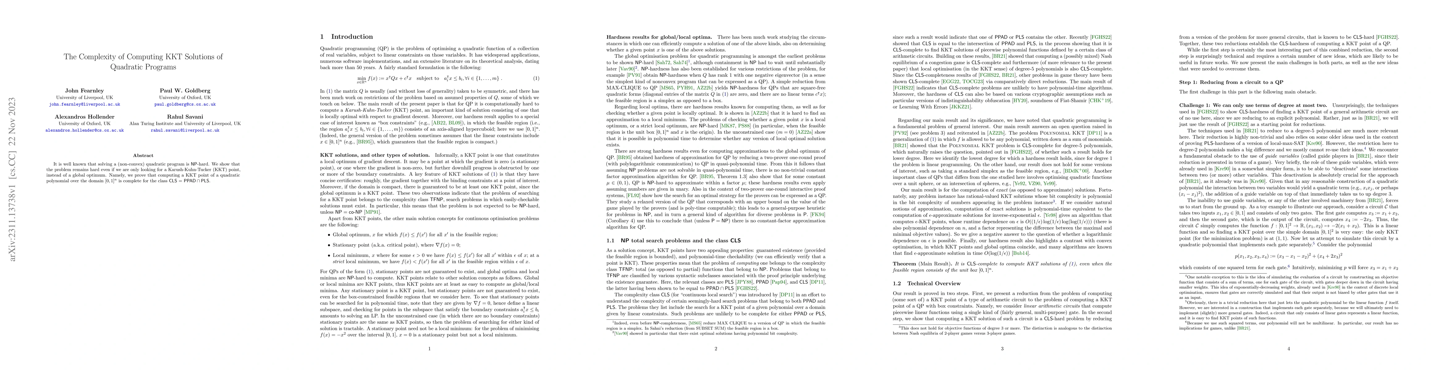 Thumbnail for The Complexity of Computing KKT Solutions of Quadratic Programs
