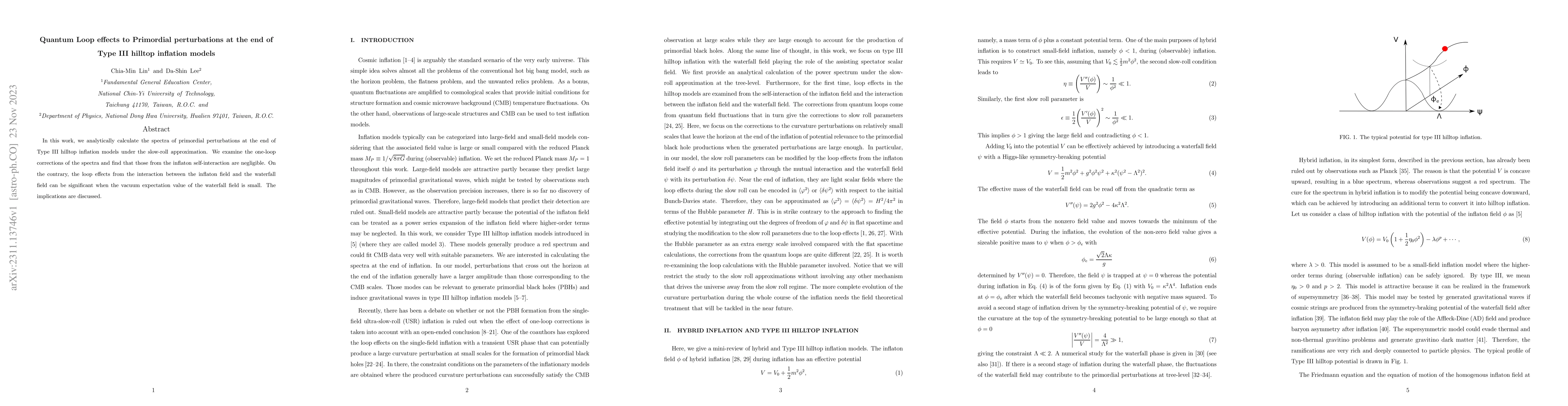 Thumbnail for Quantum Loop effects to Primordial perturbations at the end of Type III
  hilltop inflation models