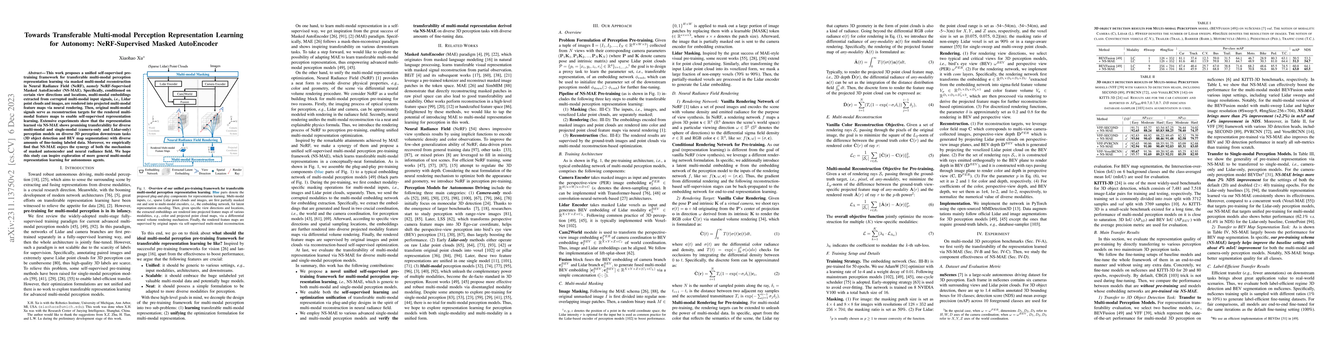 Thumbnail for Towards Transferable Multi-modal Perception Representation Learning for
  Autonomy: NeRF-Supervised Masked AutoEncoder
