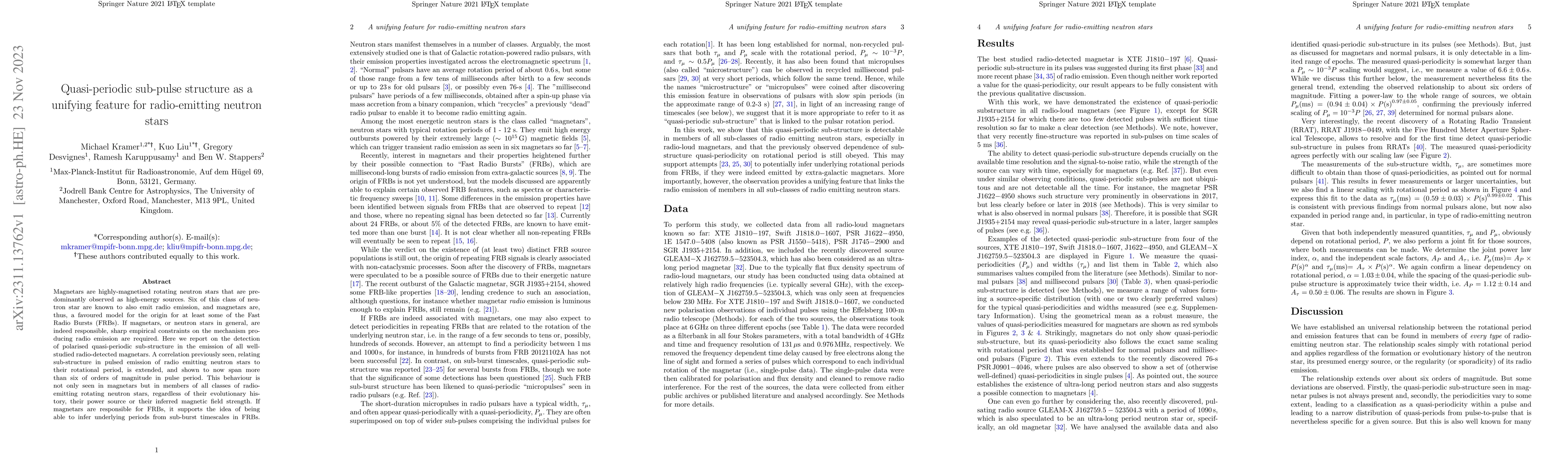 Thumbnail for Quasi-periodic sub-pulse structure as a unifying feature for
  radio-emitting neutron stars