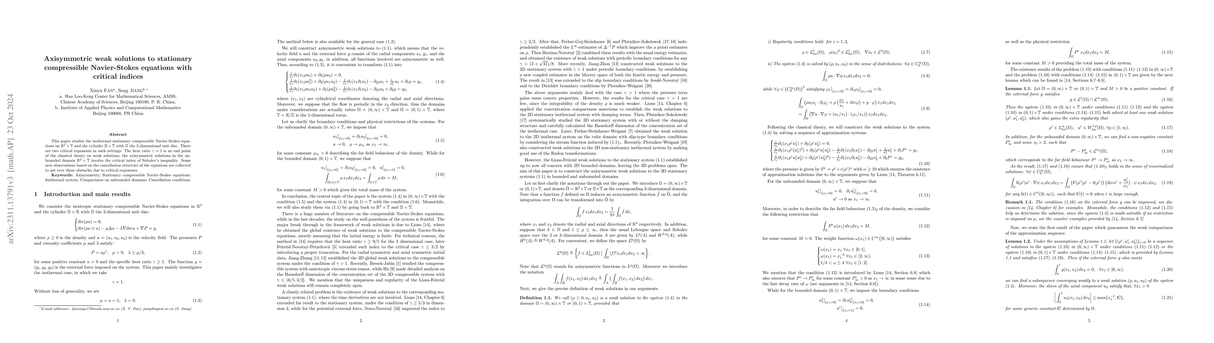 Thumbnail for Existence of the axisymmetric weak solution to the 3D isothermal
  stationary compressible Navier-Stokes equations