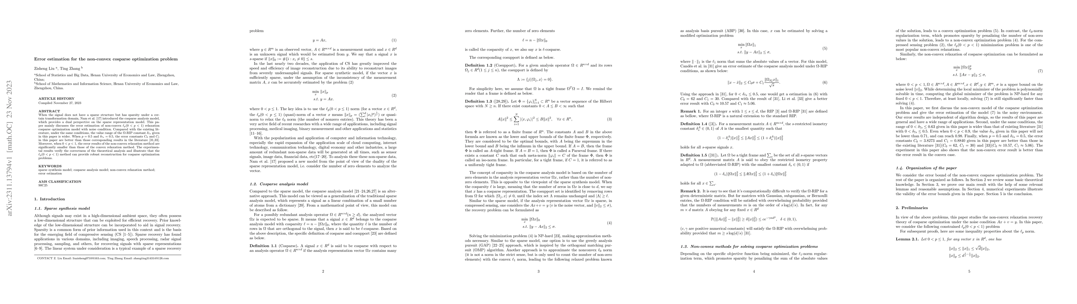 Thumbnail for Error estimation for the non-convex cosparse optimization problem