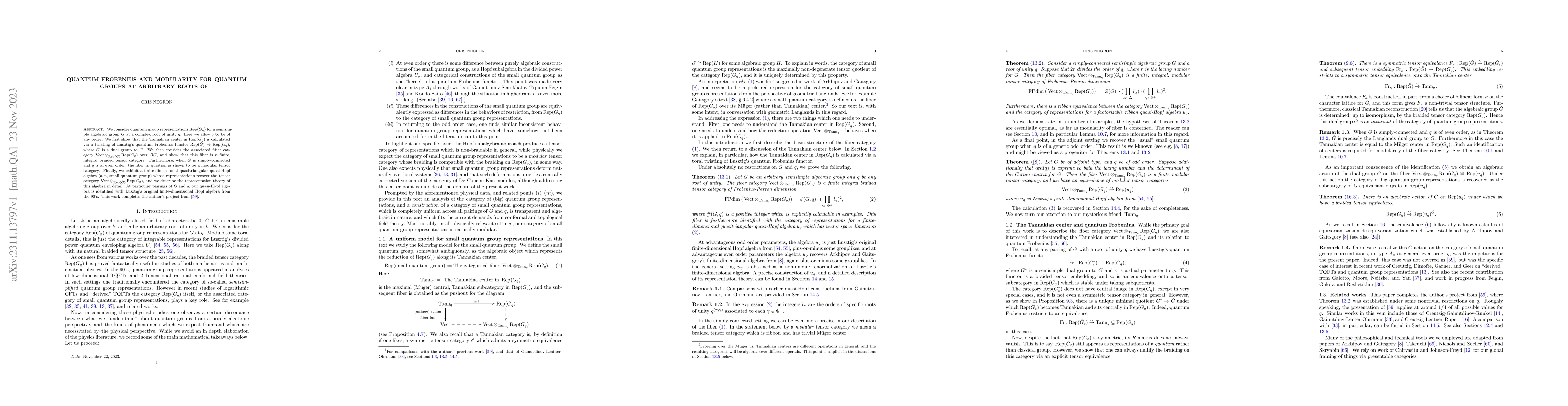 Thumbnail for Quantum Frobenius and modularity for quantum groups at arbitrary roots
  of 1