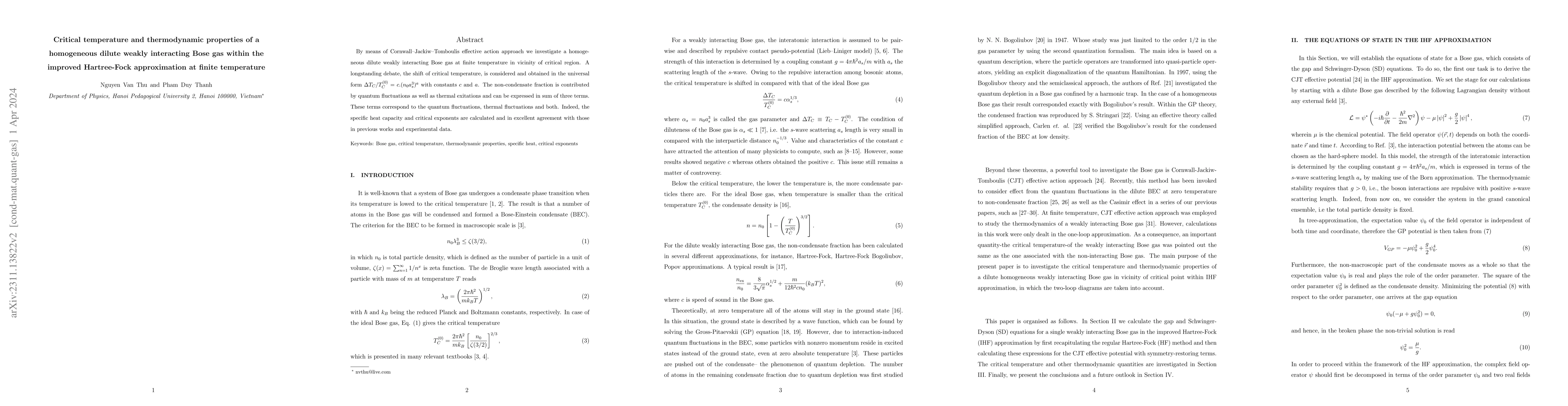 Thumbnail for Critical temperature and thermodynamic properties of a homogeneous
  dilute weakly interacting Bose gas within the improved Hartree-Fock
  approximation at finite temperature