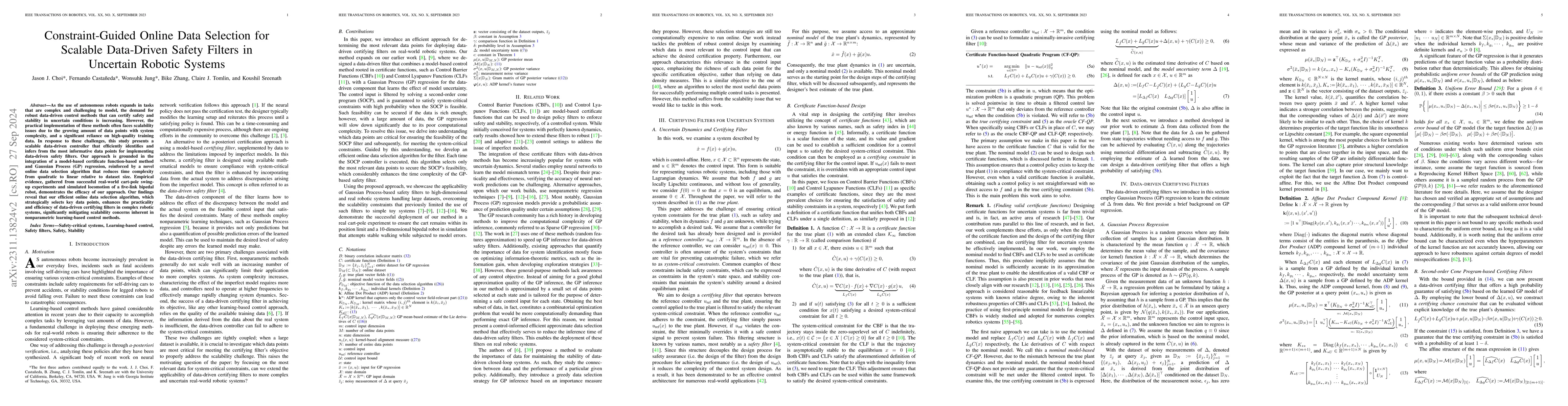 Thumbnail for Constraint-Guided Online Data Selection for Scalable Data-Driven Safety
  Filters in Uncertain Robotic Systems