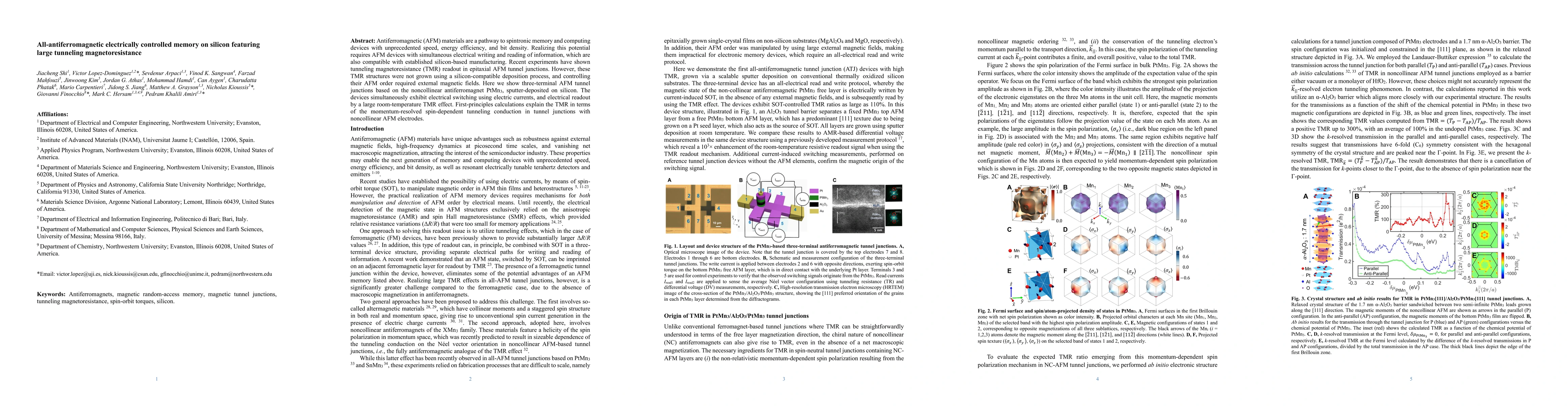 Thumbnail for All-antiferromagnetic electrically controlled memory on silicon
  featuring large tunneling magnetoresistance