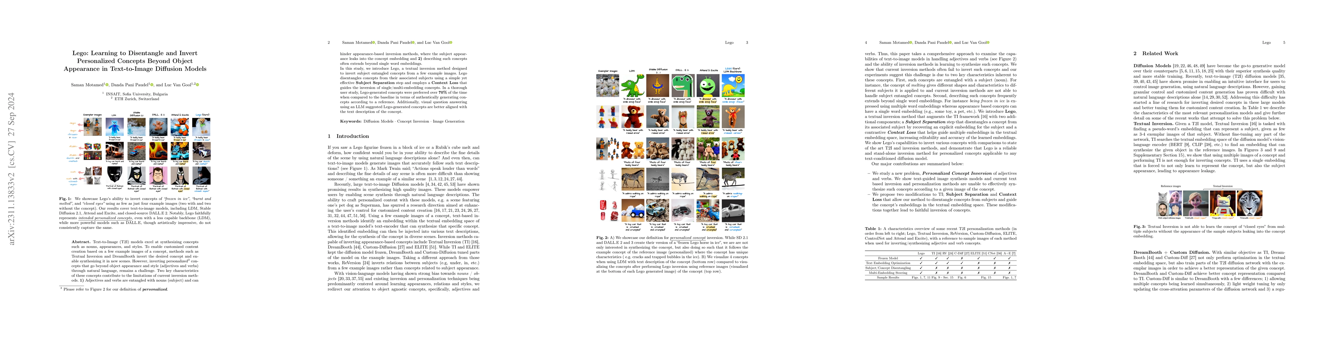 Thumbnail for Lego: Learning to Disentangle and Invert Concepts Beyond Object
  Appearance in Text-to-Image Diffusion Models