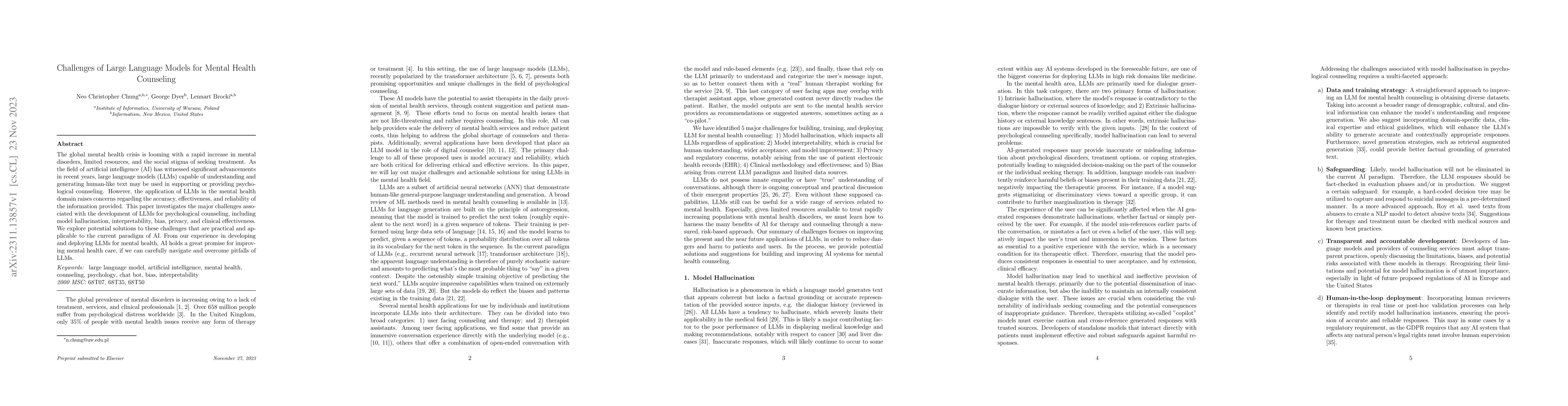 Thumbnail for Challenges of Large Language Models for Mental Health Counseling