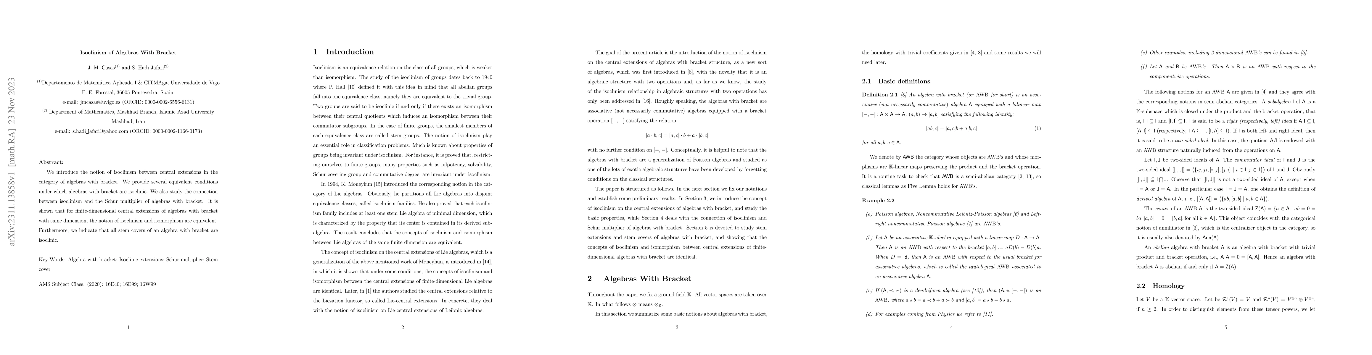 Thumbnail for Isoclinism of Algebras With Bracket