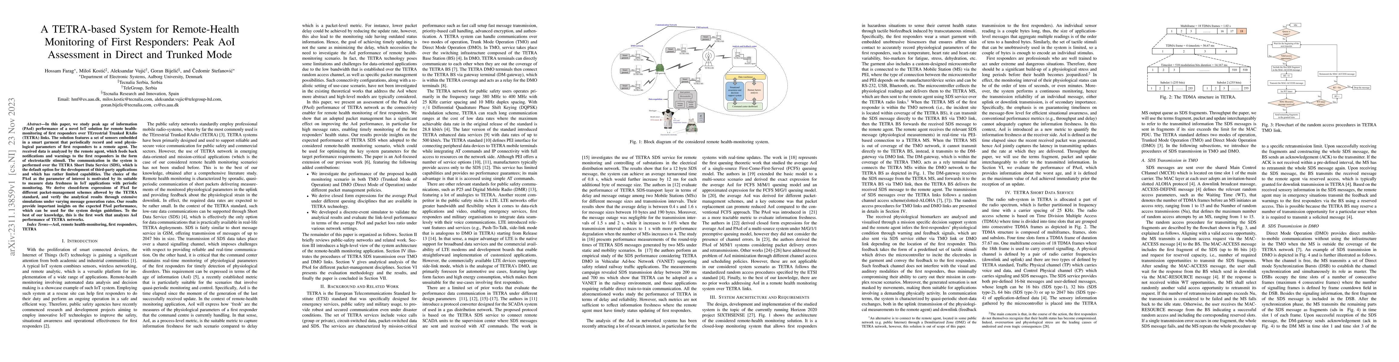 Thumbnail for A TETRA-based System for Remote-Health Monitoring of First Responders:
  Peak AoI Assessment in Direct and Trunked Mode