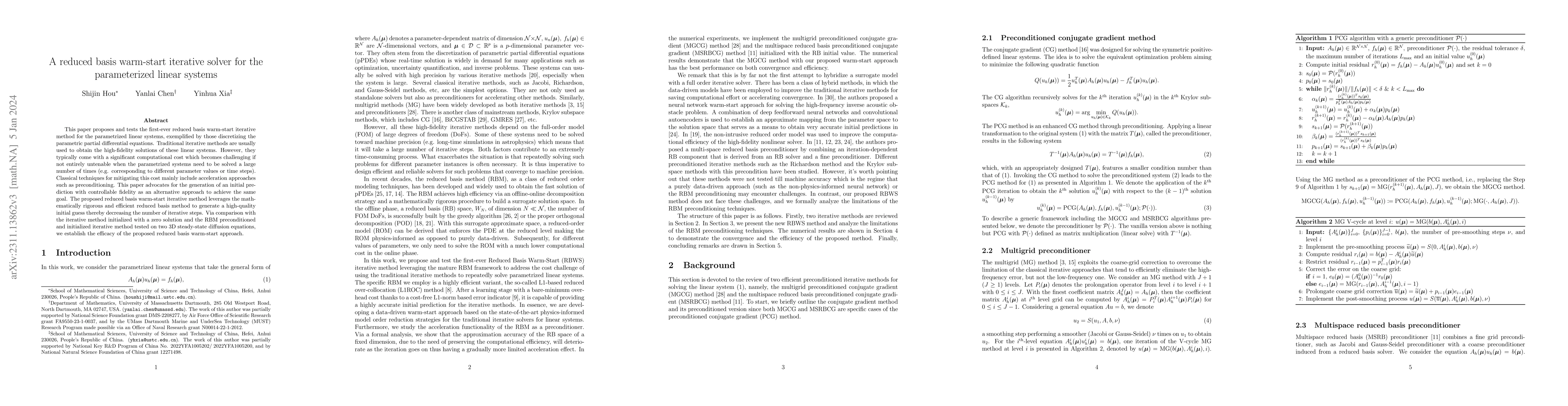 Thumbnail for A reduced basis warm-start iterative solver for the parameterized linear
  systems
