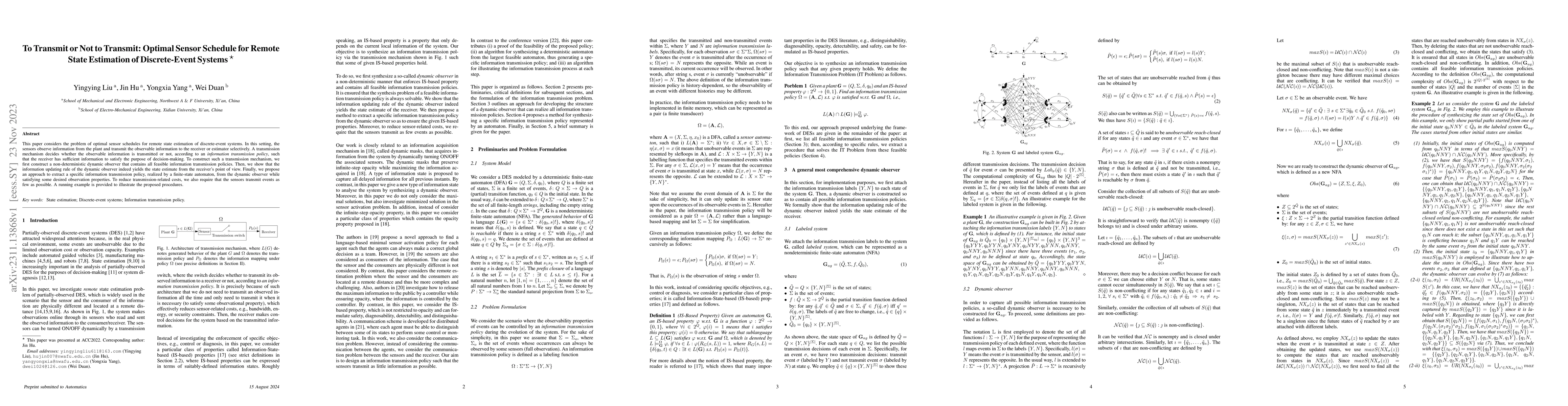 Thumbnail for To Transmit or Not to Transmit: Optimal Sensor Schedule for Remote State
  Estimation of Discrete-Event Systems