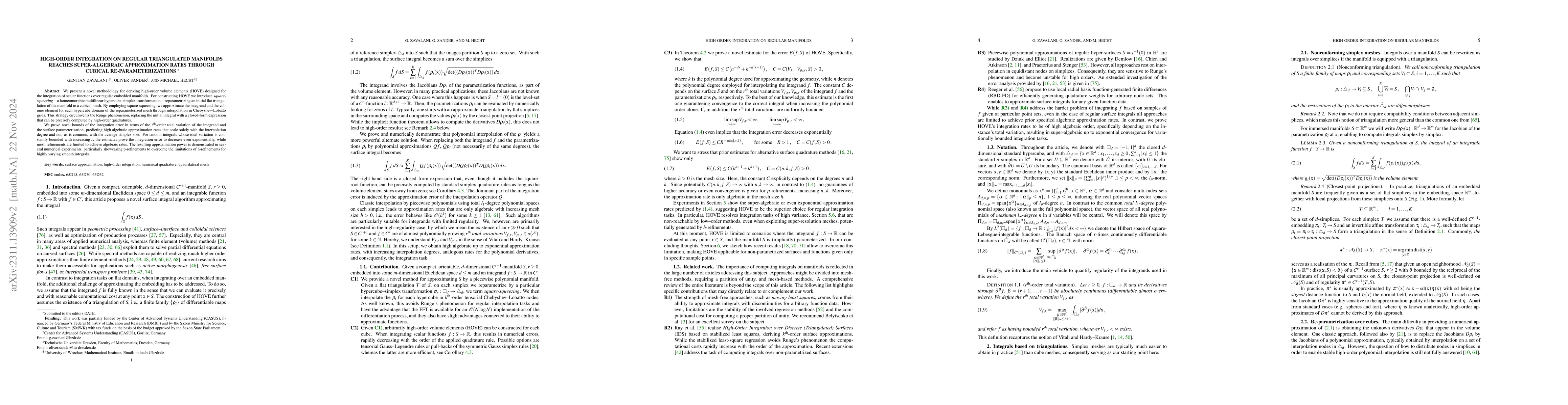Thumbnail for High-Order Integration on regular triangulated manifolds reaches
  Super-Algebraic Approximation Rates through Cubical Re-parameterizations