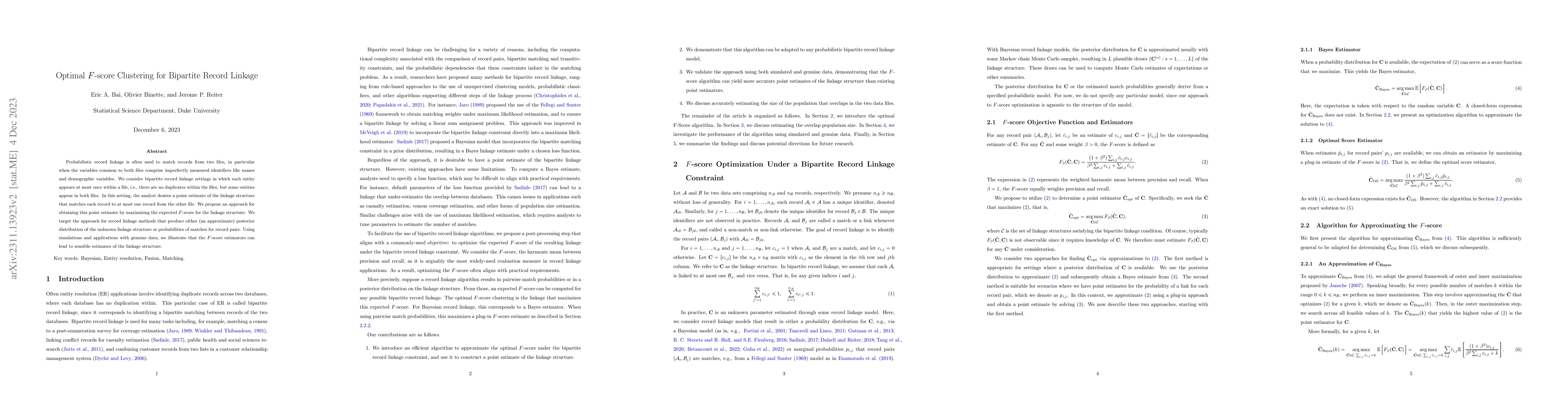 Thumbnail for Optimal $F$-score Clustering for Bipartite Record Linkage