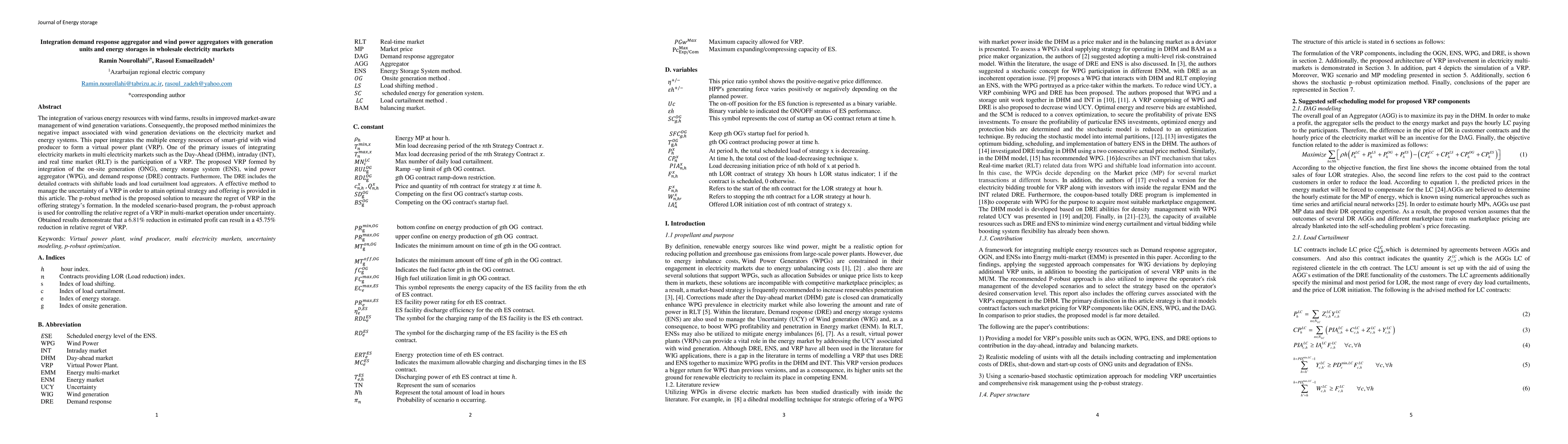 Thumbnail for Integration demand response aggregator and wind power aggregators with
  generation units and energy storages in wholesale electricity markets