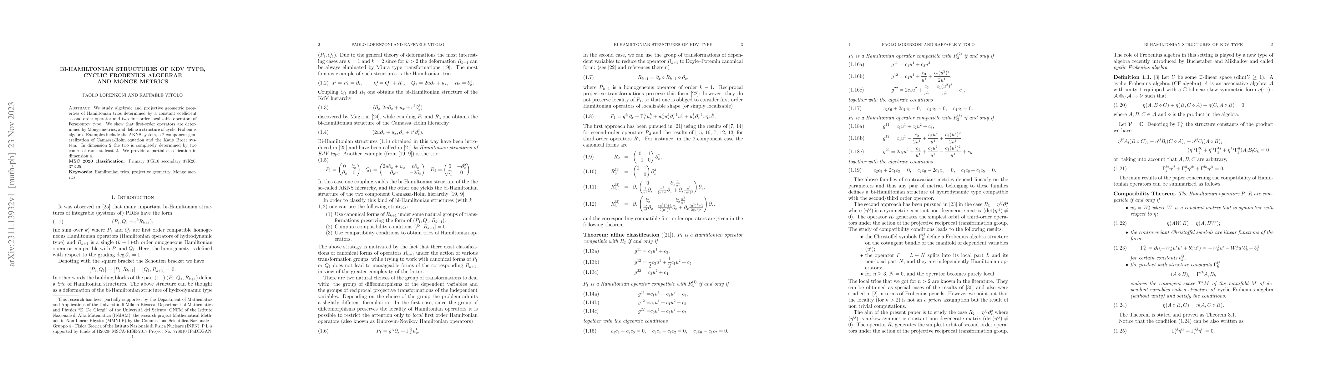 Thumbnail for Bi-Hamiltonian structures of KdV type, cyclic Frobenius algebrae and
  Monge metrics
