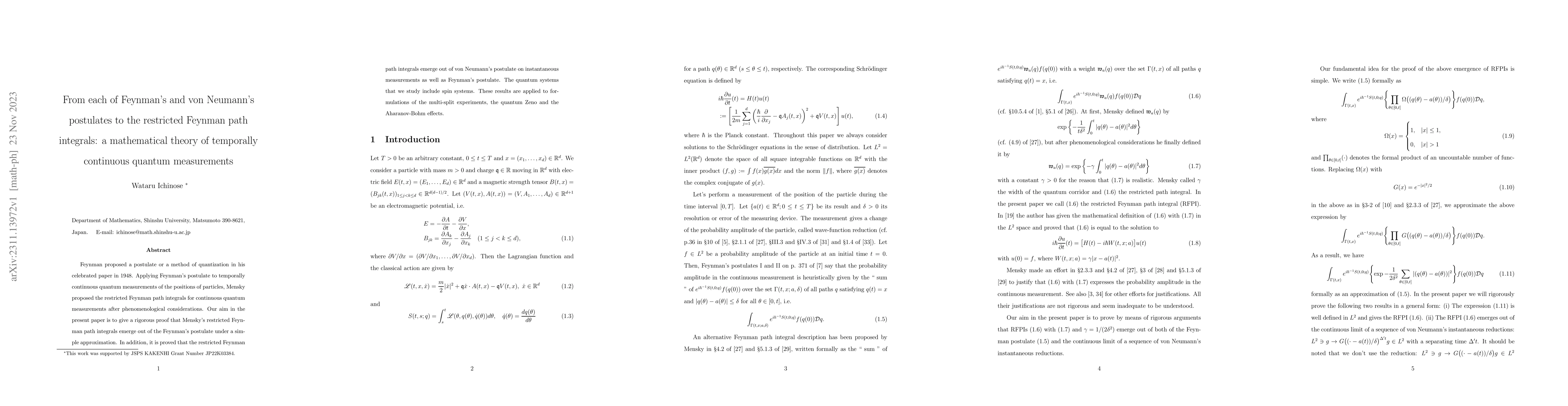 Thumbnail for From each of Feynman's and von Neumann's postulates to the restricted
  Feynman path integrals: a mathematical theory of temporally continuous
  quantum measurements