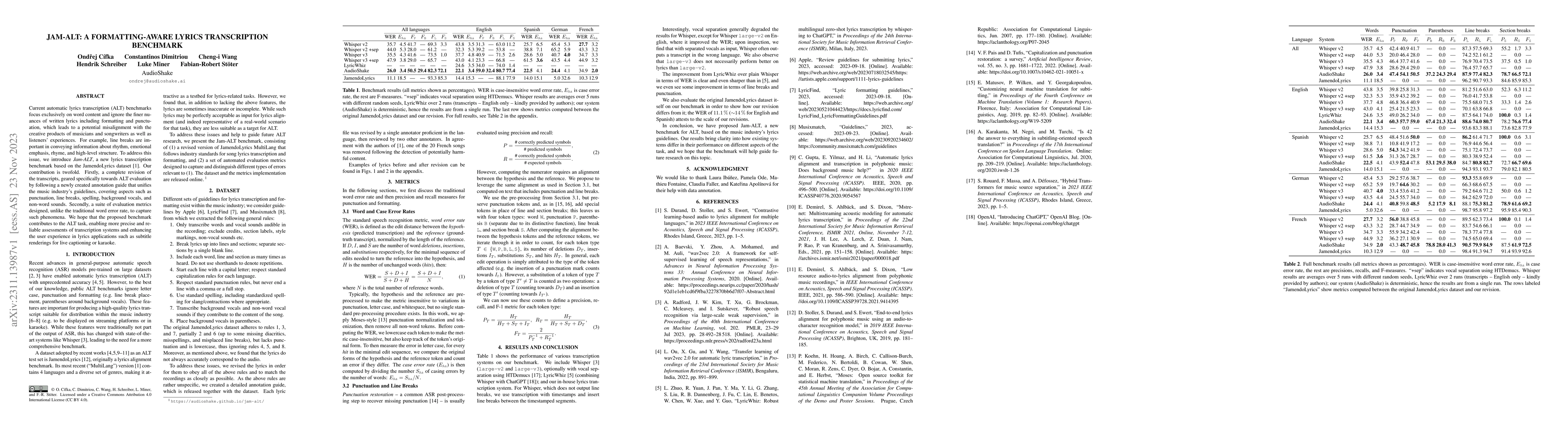 Thumbnail for Jam-ALT: A Formatting-Aware Lyrics Transcription Benchmark