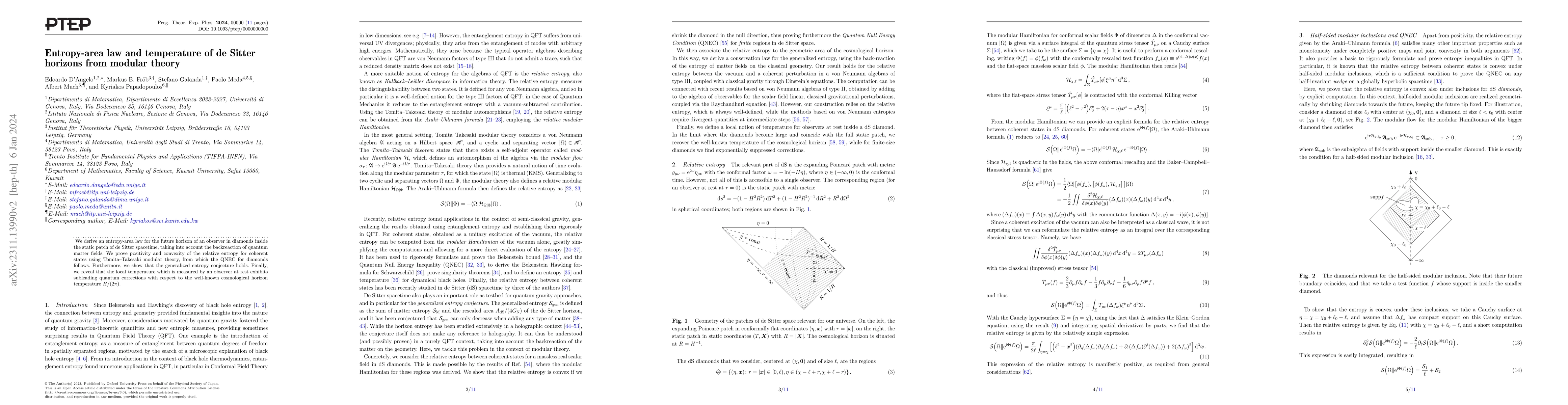 Thumbnail for Entropy-area law and temperature of de Sitter horizons from modular
  theory