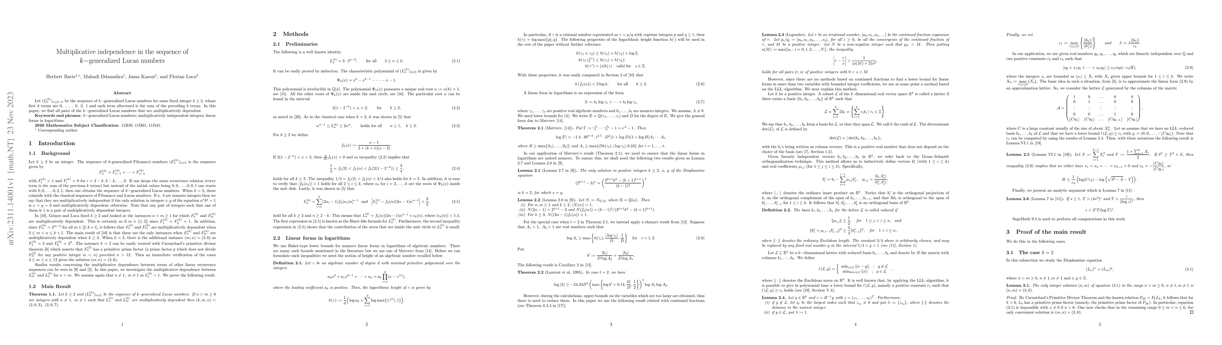 Thumbnail for Multiplicative independence in the sequence of $k$-generalized Lucas
  numbers