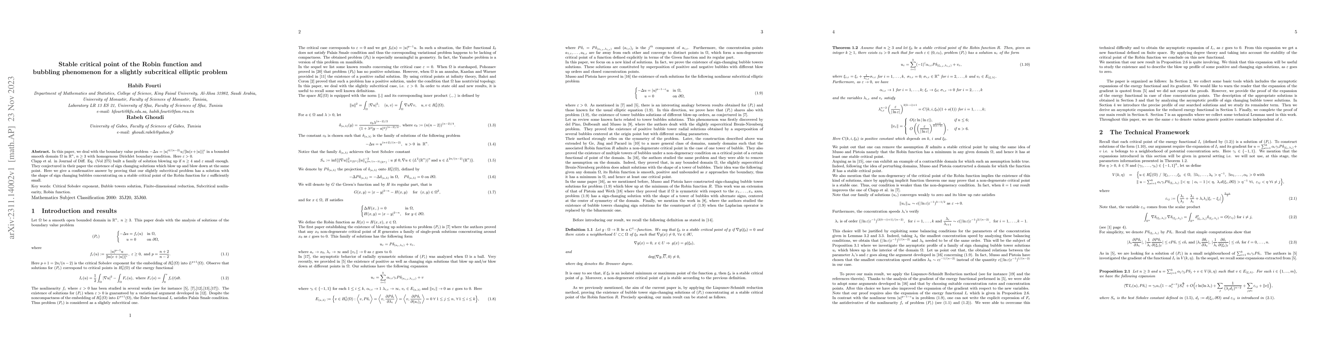 Thumbnail for Stable critical point of the Robin function and bubbling phenomenon for
  a slightly subcritical elliptic problem
