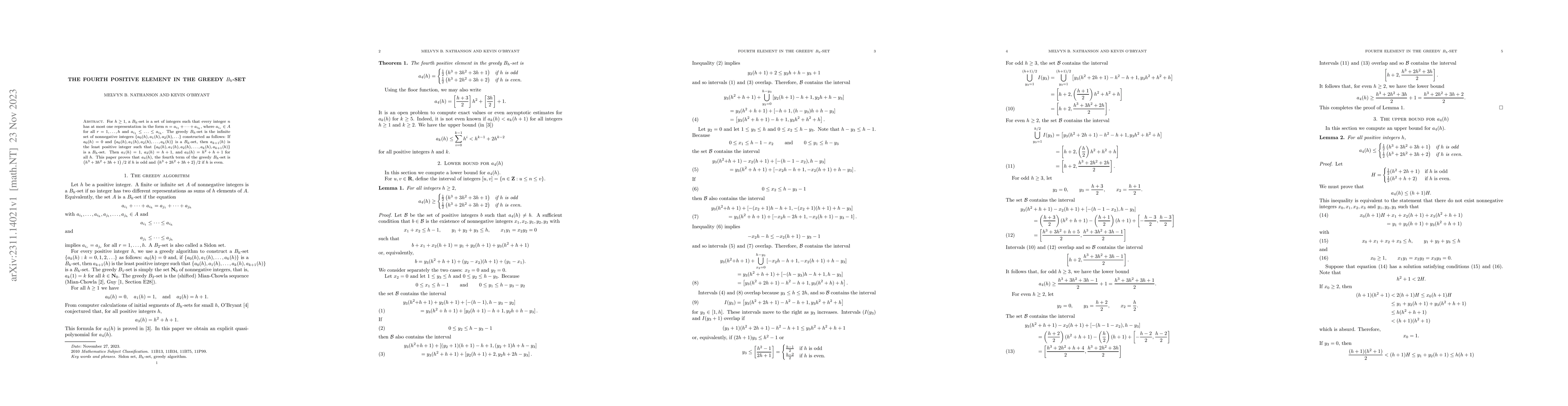 Thumbnail for The fourth positive element in the greedy $B_h$-set